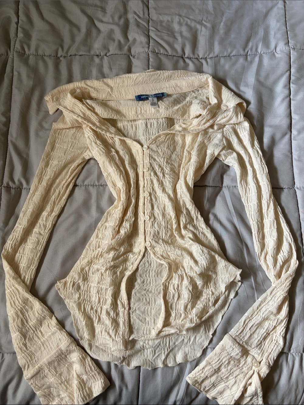 Urban Outfitters Cream Crinkle Off-Shoulder Button-Front Sweater
